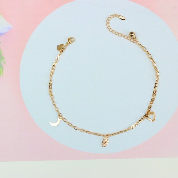 "Rose Gold Anklet with Heart, Leaf & Moon Charms, XPAL1046 - Picture 1 of 12
